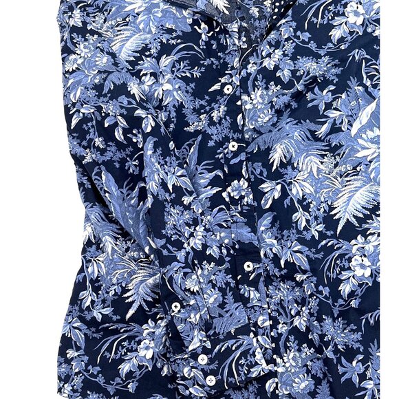 Talbots Womens Sm Petite Floral Button-Up Shirt Contrast Collar Navy Periwinkle - Picture 4 of 12